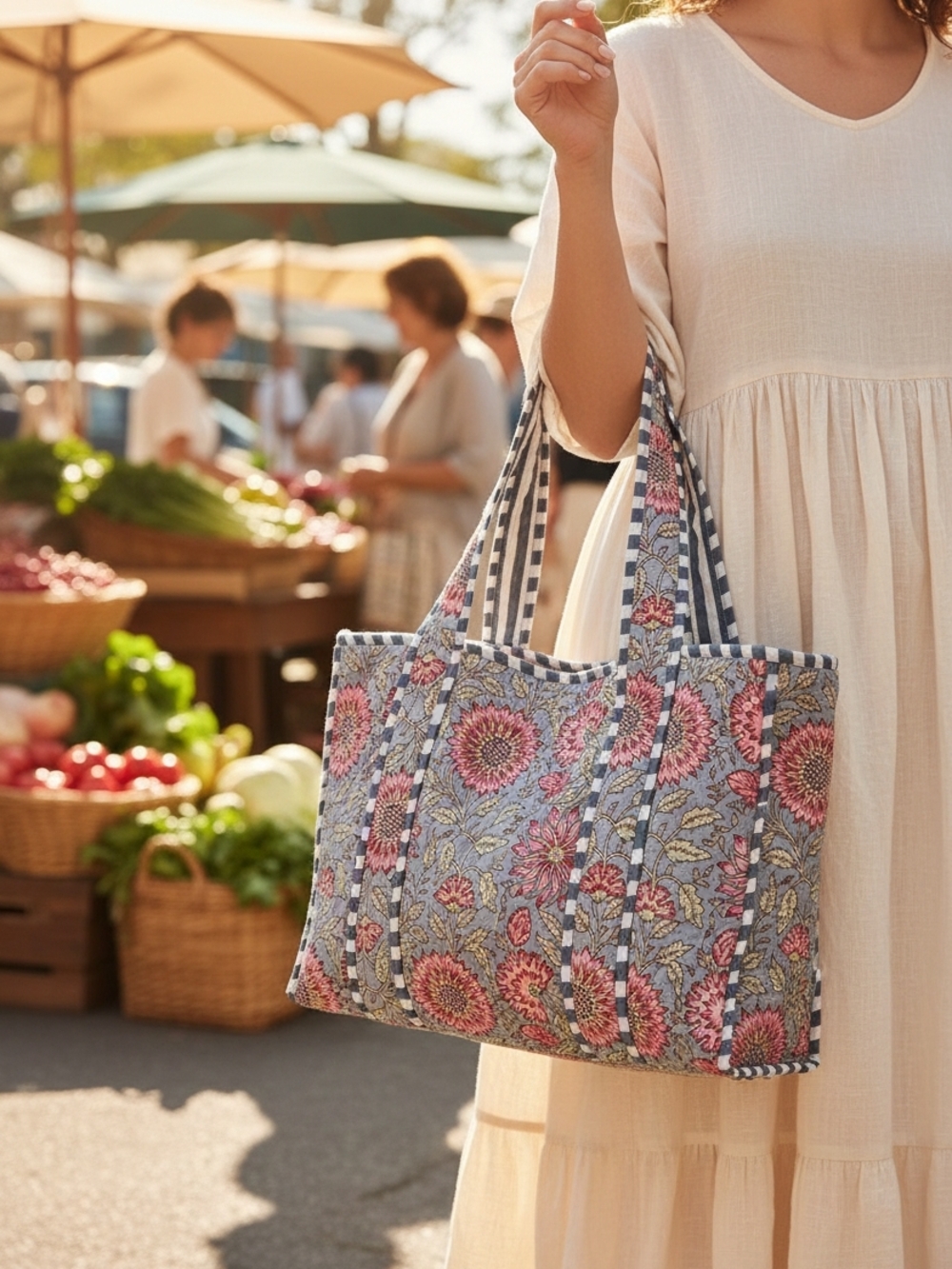 Floral Quilted Handmade Cotton Tote Bag - Pink & Blue